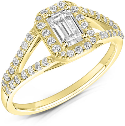 Dazzling Emerald Cut Diamond Halo Fairtrade Gold Engagement Ring
