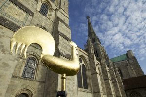 Fairtrade Gold Leaf weather vane that now sits on top of Chichester Cathedral