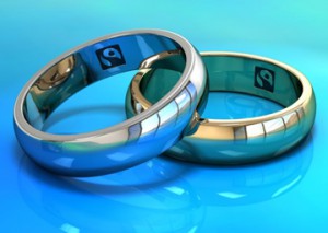 Two Fairtrade gold wedding rings.