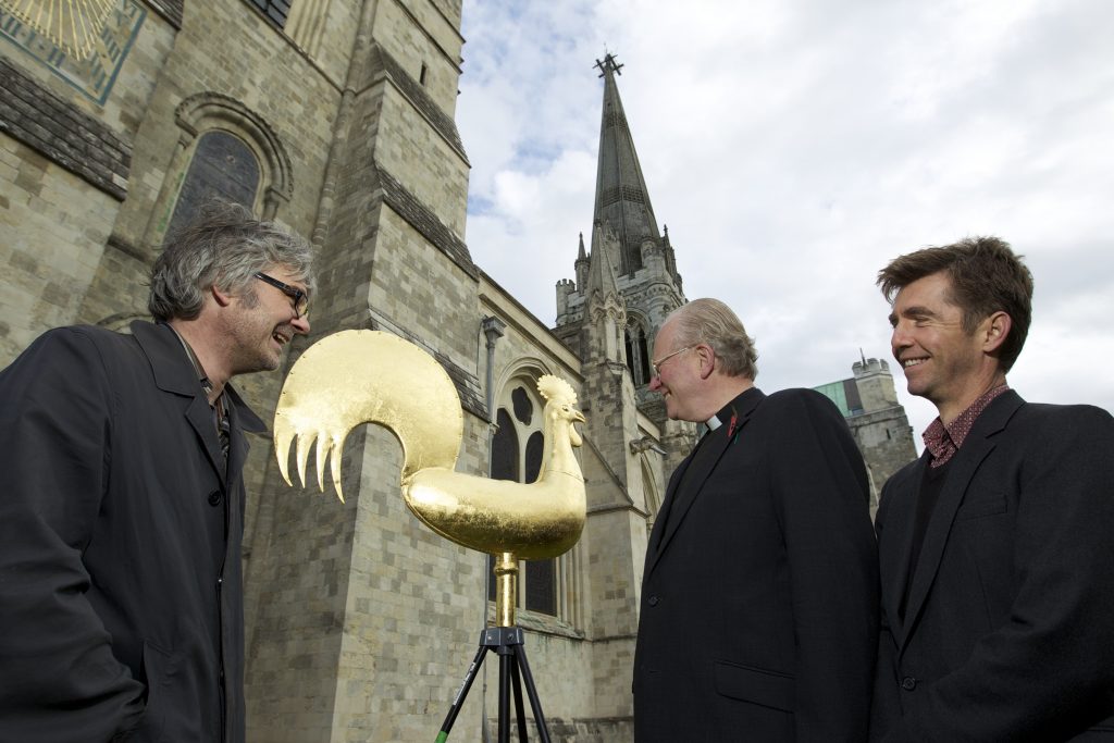 Chris Davis from Fairtrade Foundation, the Dean of Chichester Cathedral Nicholas Frayling and myself enjoying the moment at the launch of Chichester Cathedrals Fairtrade Gold Weather Vein.