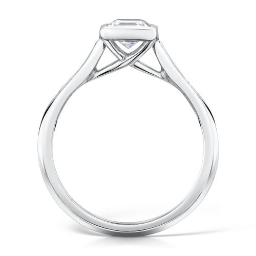 Diamond Ring. Princess Cut Centre stone Rubover with diamonds on sides Profile
