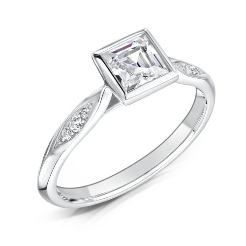 Diamond Ring. Princess Cut Centre stone Rubover with diamonds on sides Tilt