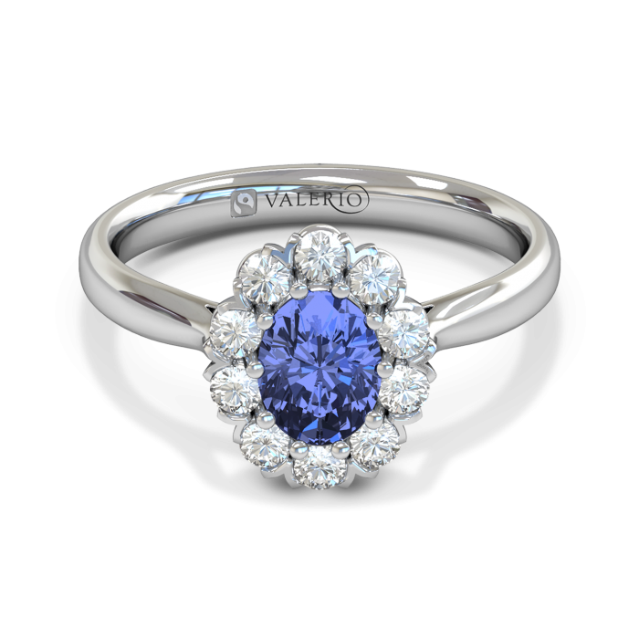 Oval Blue Sapphire and Diamond Cluster Engagement Ring