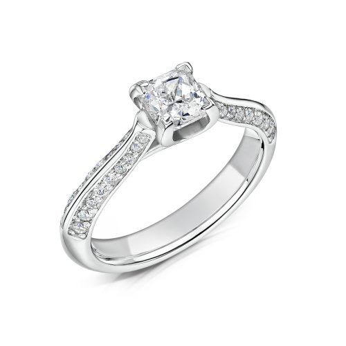 Solitaire Diamond Ring Princess Cut with Double row Diamonds on Shoulders Tilt